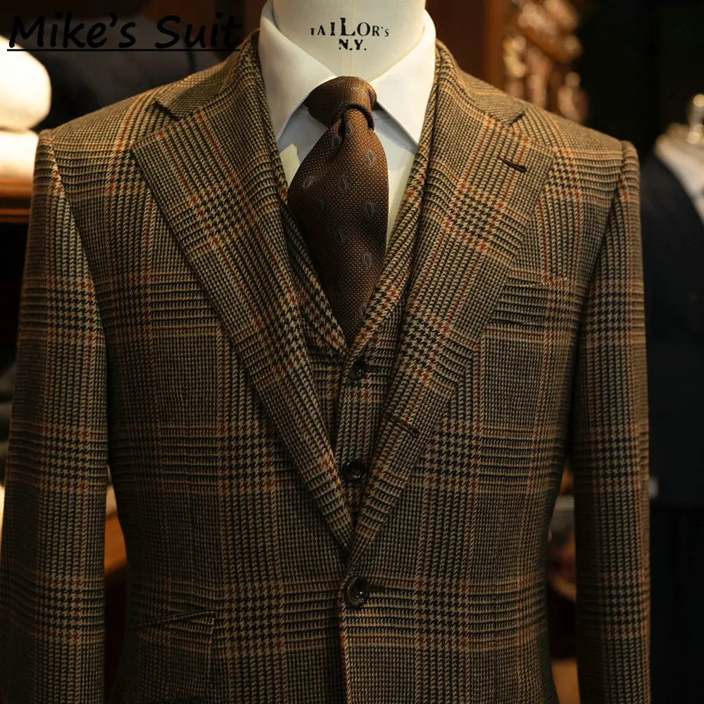 Men Brown Prince of Wales Check Tweed 3 Piece Suit Vintage Glen Plaid Wool Blazer Waistcoat Trousers Wedding Formal Suit