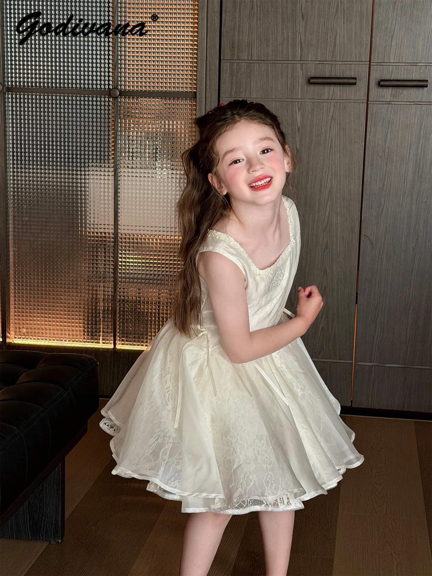 Sweet Baby Girls Lace Princess Tank Dress 2026 Summer New Fashion Childrens High End Luxury Bow Waist Evening Party Formal Dress