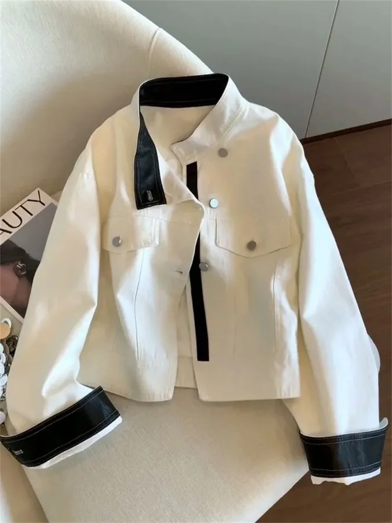 Women's Jacket Fashion Retro Contrast Collar Single-breasted Tooling Jacket Womens Autumn Loose Casual Joker Denim Jacket Coat