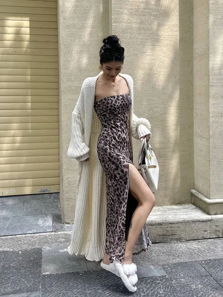 فستان أنيق مثير بطبعة الفهد بدون حمالات أنيق للنساء فساتين ماكسي برقبة مائلة 2025 ملابس علوية جديدة ملابس شارع حلوة ATR7