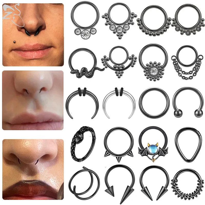 ZS 1PC Tapered Buffalo Horn Nose Ring 316L Stainless Steel Pincher Septum Rings Black Plated Nose Piercing Ear Gauges Tapers 16G