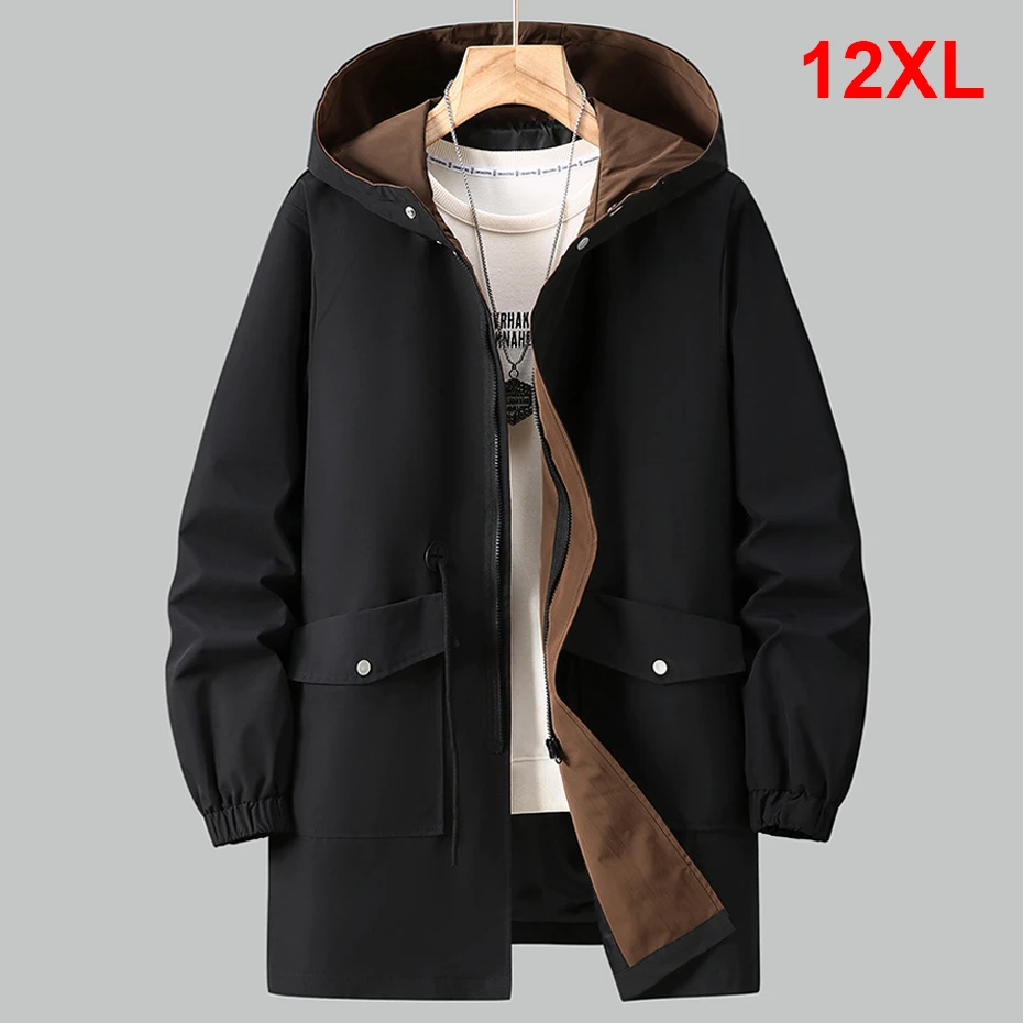 

Long Windbreaker Jacket Men 12XL Plus Size Jackets Coats Fashion Causal Solid Color Hooded Outerwear Big Size 10XL 12XL