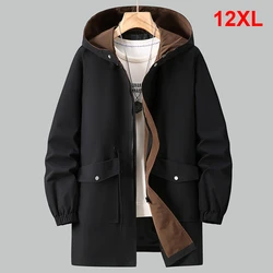 Long Windbreaker Jacket Men 12XL Plus Size Jackets Coats Fashion Causal Solid Color Hooded Outerwear Big Size 10XL 12XL