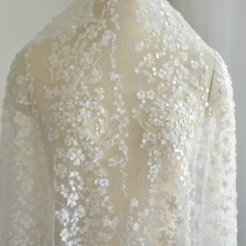 

1yard Silver Beaded Lace Bridal Veil Headpiece DIY Craft Supplies Designer Fabric for patchwork Elegant Embroidery Lace fabric