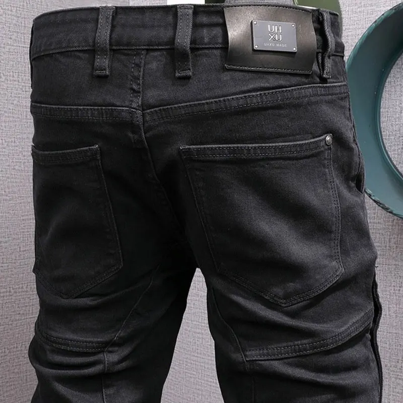 Street Fashion Men Jeans Black Stretch Slim Fit Vintage Casual Denim Jeans Spliced Designer Hip Hop Denim Biker Pants Hombre