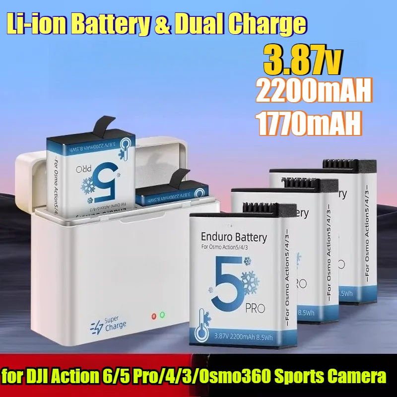 2200mAh Low-Temperature Li-ion Battery & Dual Charger for DJI Action 6/5 Pro/4/3/Osmo360 Sports Camera Charging Protection