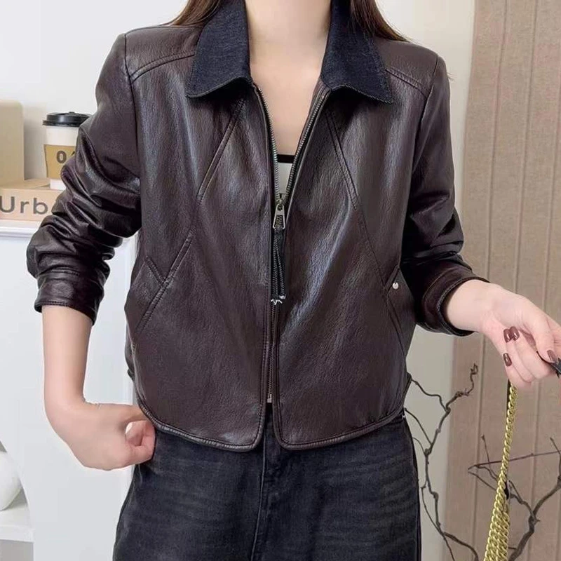 Autumn New Women Contrast Color Lapel Patchwork Short Faux PU Leather Jacket Black Purple Casual Long Sleeve Cropped Outerwear