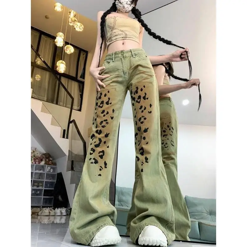 American Style Leopard Trousers New Autumn and Winter Commuting Woolen Plaid Trousers Loose Straight Drawstring Casual Trousers