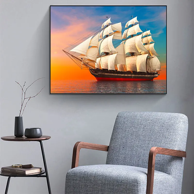 5D DIY Diamond Painting Sailboat Ocean Full Round Diamond Mosaic Landscape Diamond Embroidery Kit Rhinestone Home Art Decoration