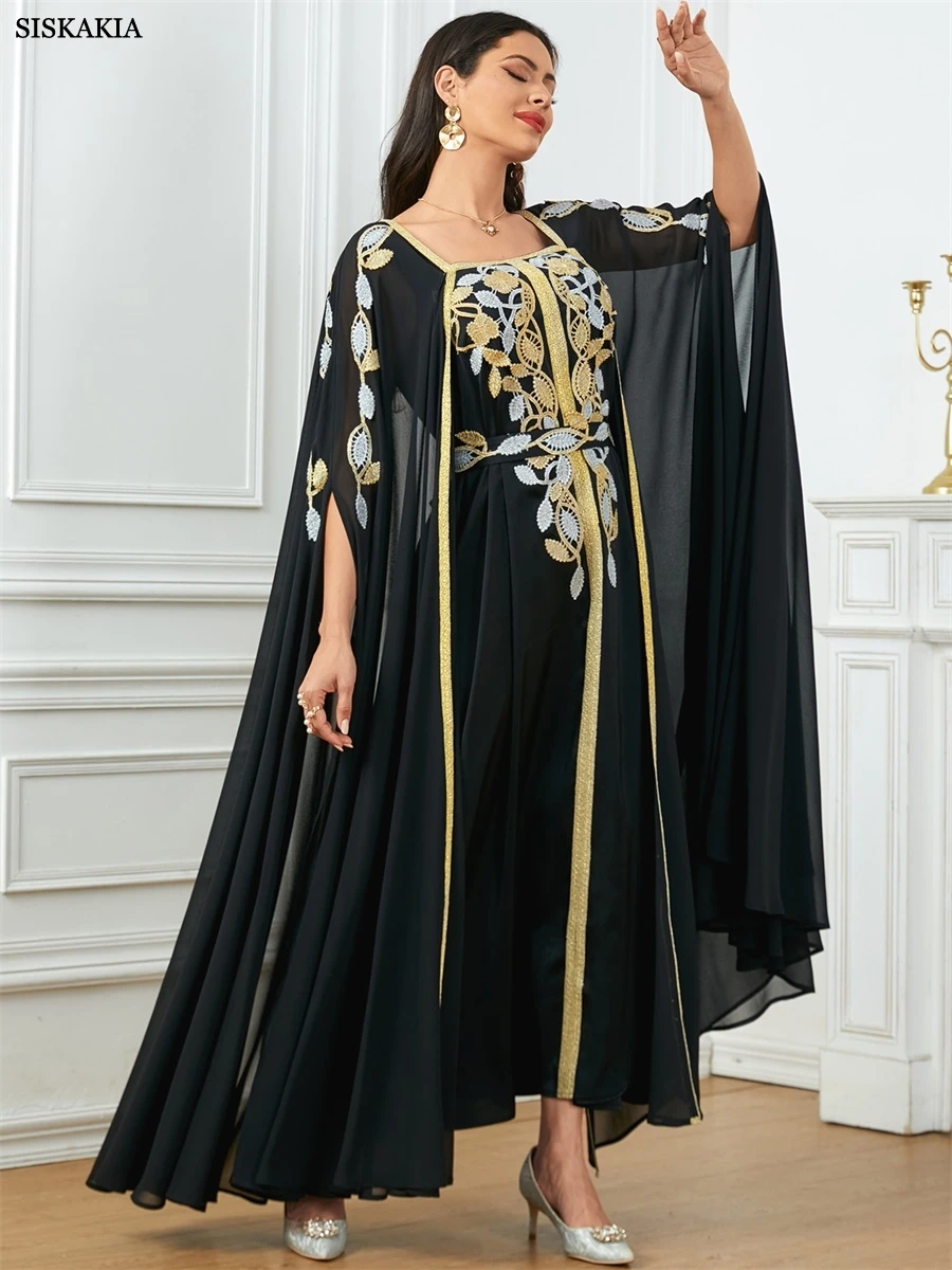 Siskakia elegante Casual Super manica lunga abito da festa marocchino saudita Appliques abiti con cintura turco africano abaya arabo caftano