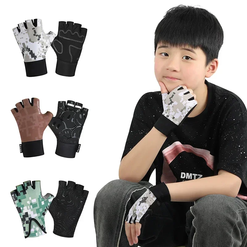 WEST BIKING Children's Half Finger Cycling Gloves Summer Funny Camo Pixel Style Anti Slip Fingerless Gloves Cooling Sport Gear