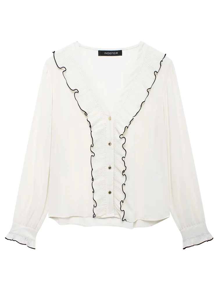 KAOPU ZA Vrouwen met geplooide ruches shirt vintage v-hals lange mouwen button-up vrouwelijke blouses blusas chic tops