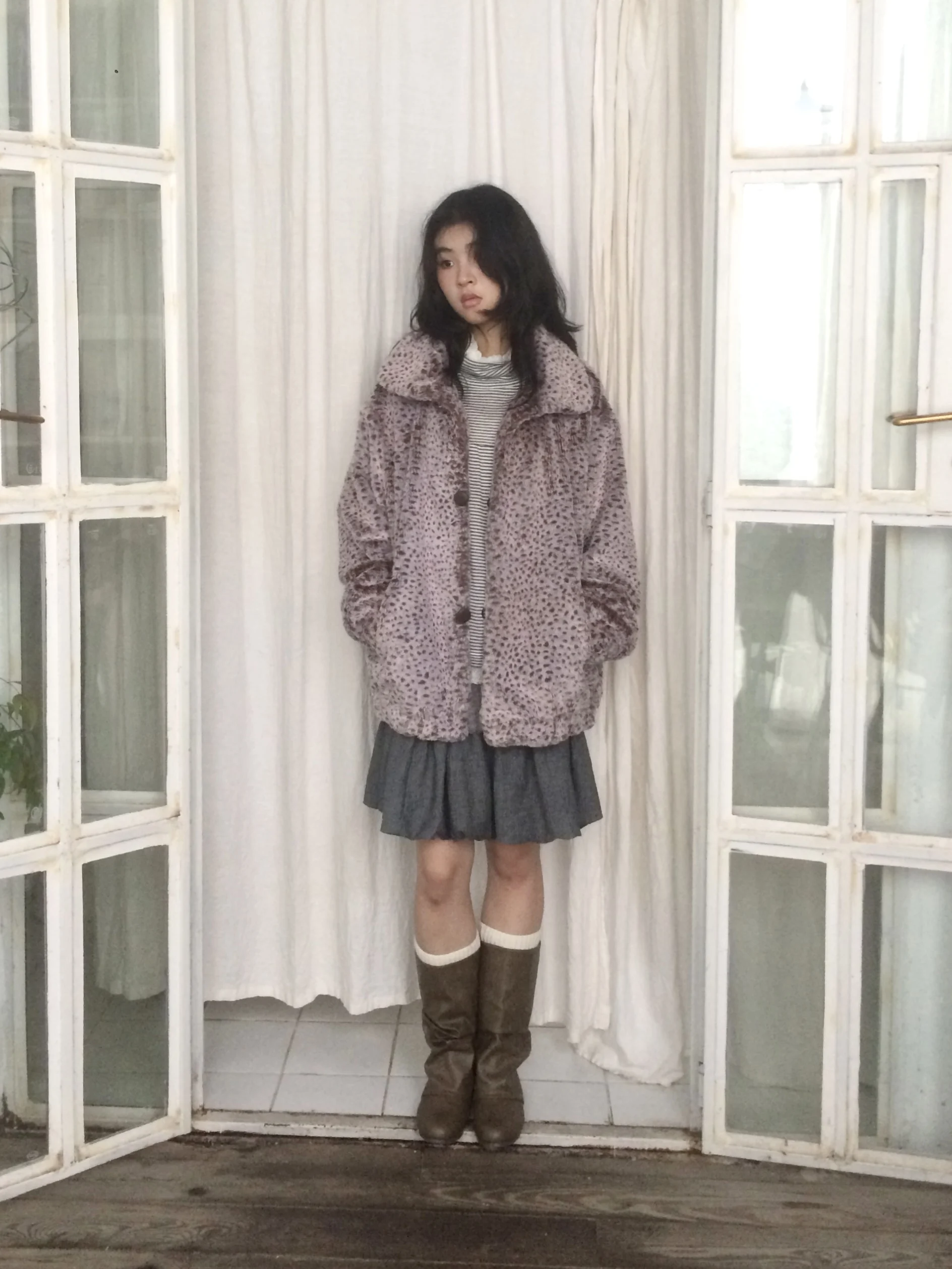 

SicAstra Original ey Purple Polka Dot ort Fur Velvet Retro Collar Jaet with Bow Tie Scarf Set Women's Loose Fit Long Sl...