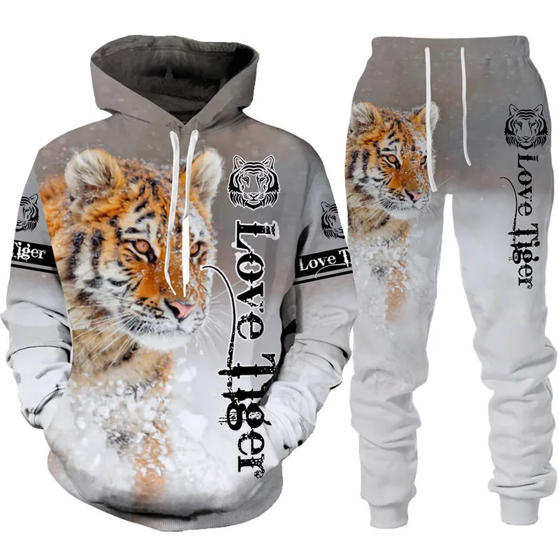 Cool Tiger 3D Animal Print Hoodie+Pants Suit Long Sleeve Pullover Men\'s Sportswear Tracksuit Couple Outfit Two Piece Jogging Set