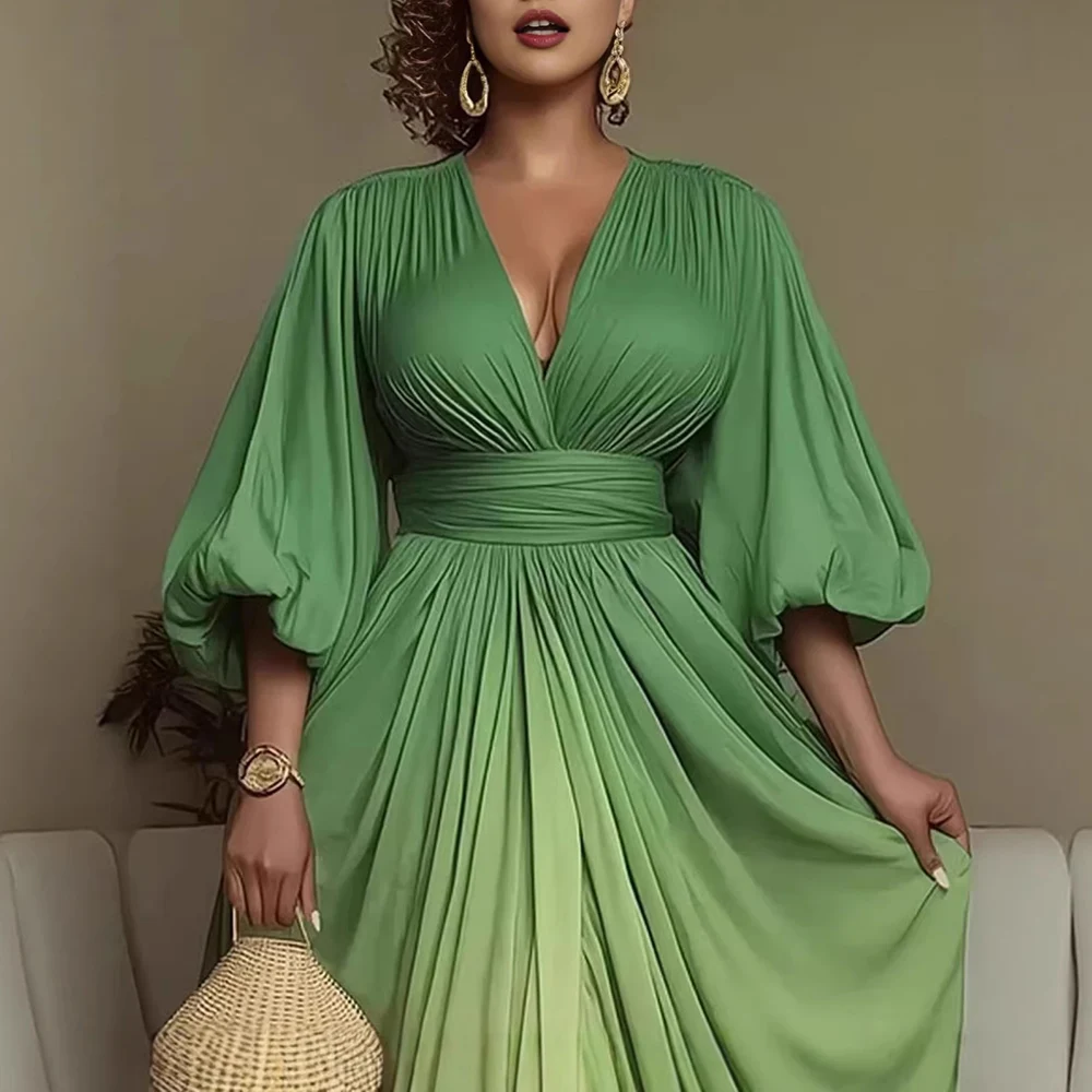 Damen Chiffon Maxikleid mit Farbverlauf, Afrikanischer Tiefer V-Ausschnitt, Puffärmel, Figurbetontes Elegantes Fließendes Abendkleid mit Schlitz am Saum