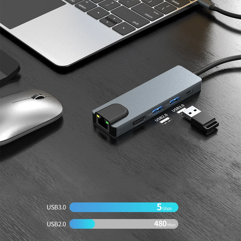 USB C 5in1 Docking Station Hub with PD Charging+USB 3.0+4K UHD+RJ45 100Mbps Ethernet Adapter Compatible for Thunderbolt3 Macbook