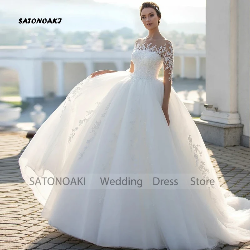 

Customized Elegant Lace Wedding Dress for Bride A-Line O-Neck Sweep Train Appliques Half Sleeves Bridal Gown Vestidos De Novia