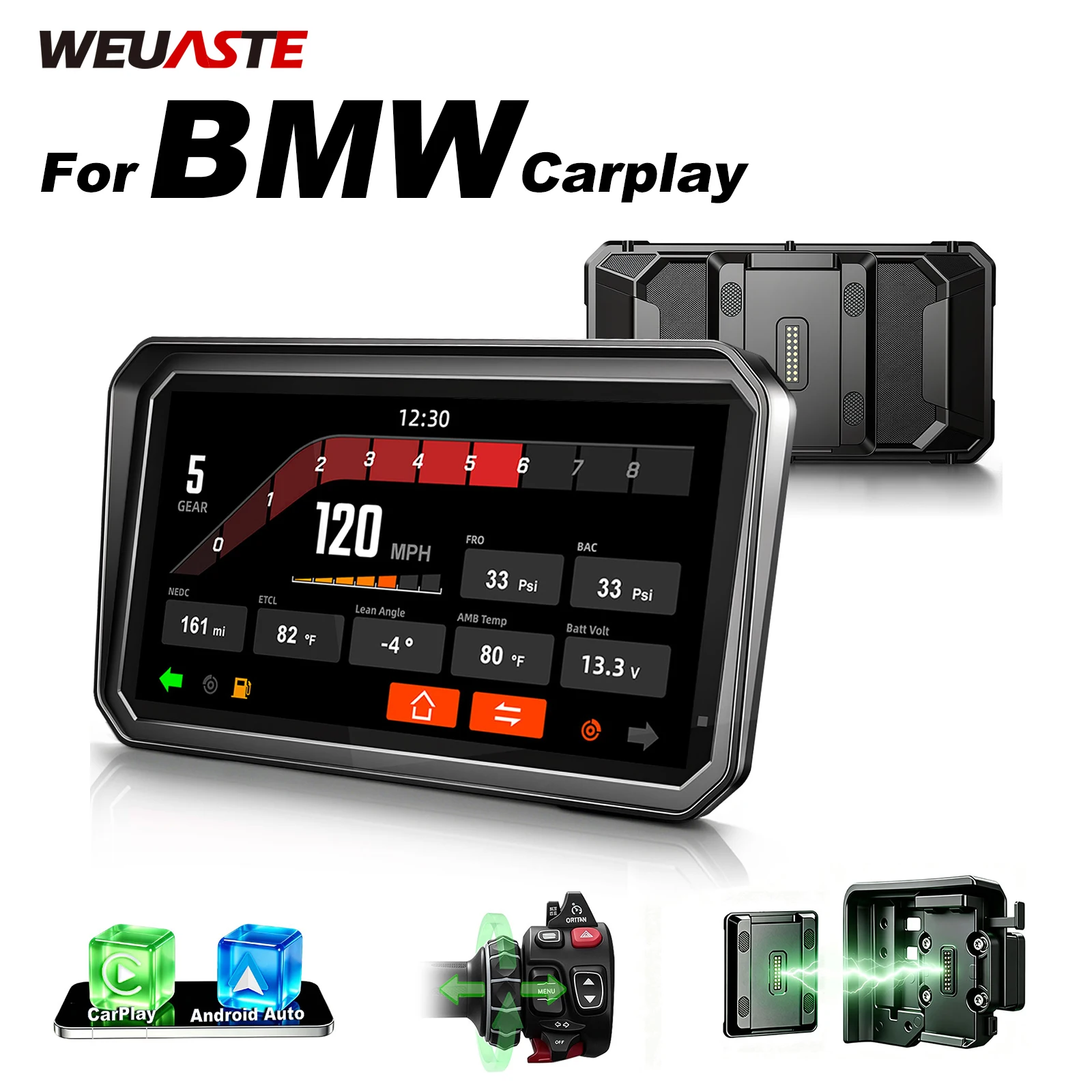 WEUASTE – przenośna, cyfrowa tablica rozdzielcza z funkcjami CarPlay i Android Auto, nawigacją GPS, przeznaczona do motocykli BMW R1200GS, R1250GS i S1000XR (ekran o przekątnej 6–7 cali).