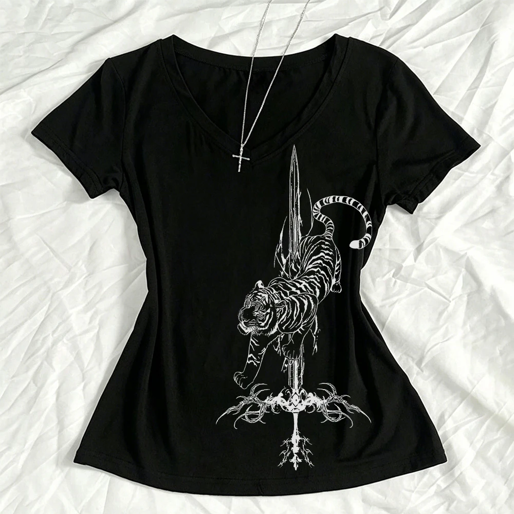 Gothic Baby Tees Y2k Kitty Graphic T Shirts Harajuku Goth Emo Trashy Y2k 2000s Tops Kawaii Shoujo Girl Style Women Top Cuteore