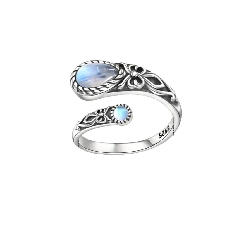 

Vintage Victorian Moonstone Spoon Ring for Women Bohemian Bow Embossed Jewelry Elegant Retro Adjustable Statement Gift for Her