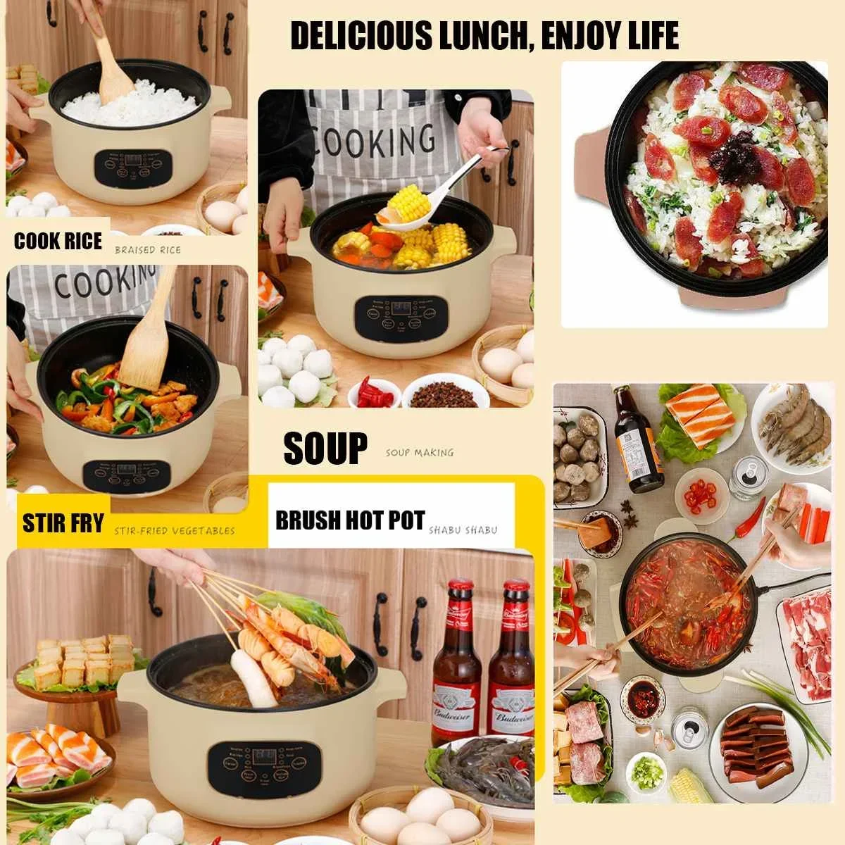 220V 20/26cm Electric Cooking Machine 1000W Household 3.4 People Hot Pot Multi Electric Rice Cooker Non-stick Pan Multifunction