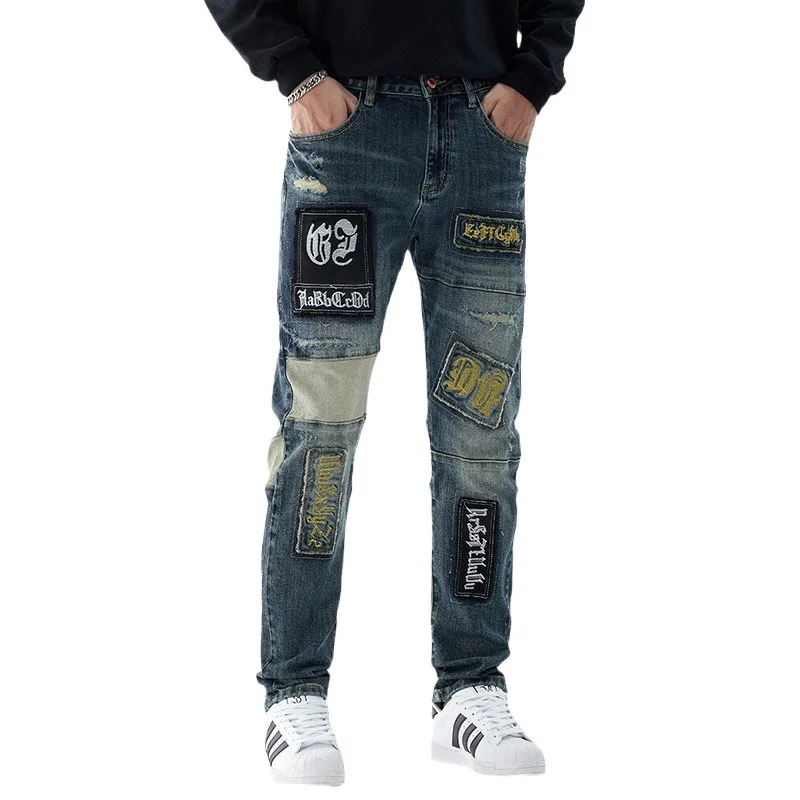 Men's Fashion High Street Hip Hop Jeans Pants With Patchwork Slim Fit Vintage Patched Denim Trousers Motorcycle Biker Bottoms