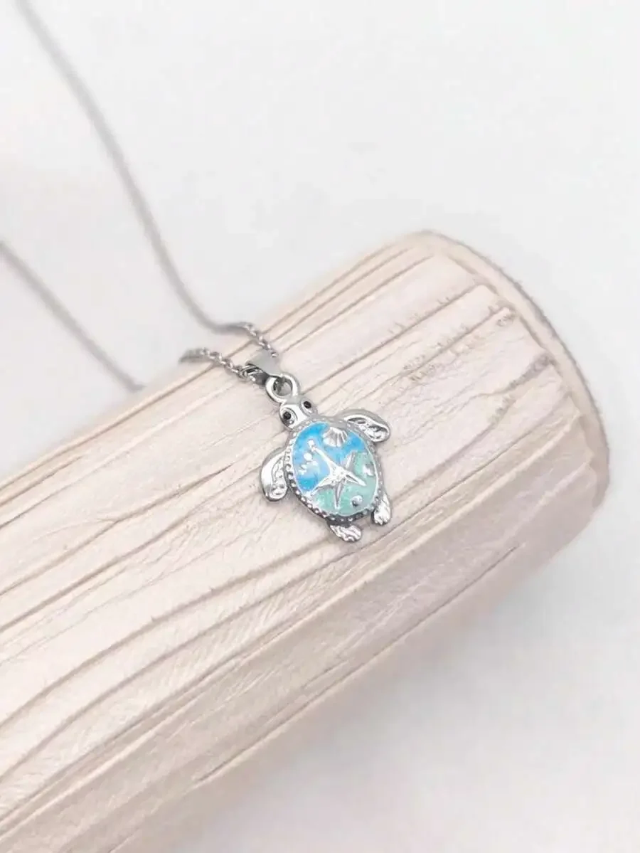 

Stainless Steel Blue Turtle Pendant Necklace Bohemian Beach Style Choker