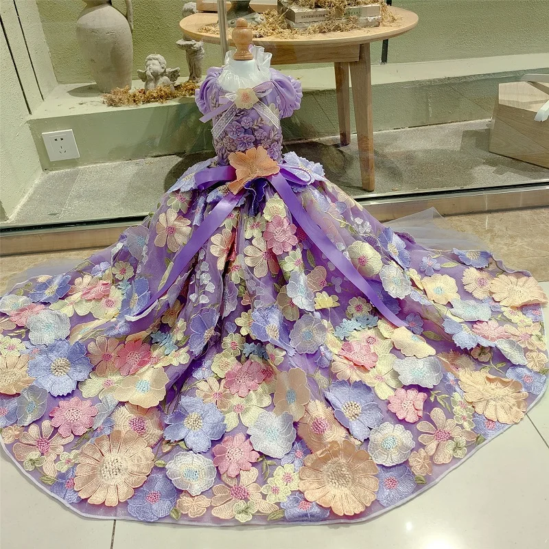 Handmade Luxury Dog Clothes Pet Supplies Long Trailing Dress Everything Is Reviving Fresh Taro Violet A Hundred Flowers Bloom