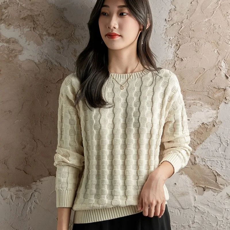 

Хлопковый вязаный свитер, женский жаккардовый свитер с круглым вырезом, новый удобный теплый топ с внутренним слоем