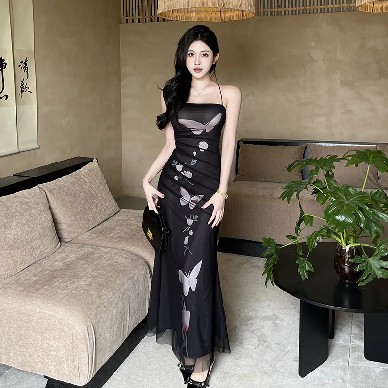Vestido estampado de malla para mujer, qipao de verano 2025, vestidos largos con tirantes de estilo chino, vestido de mujer