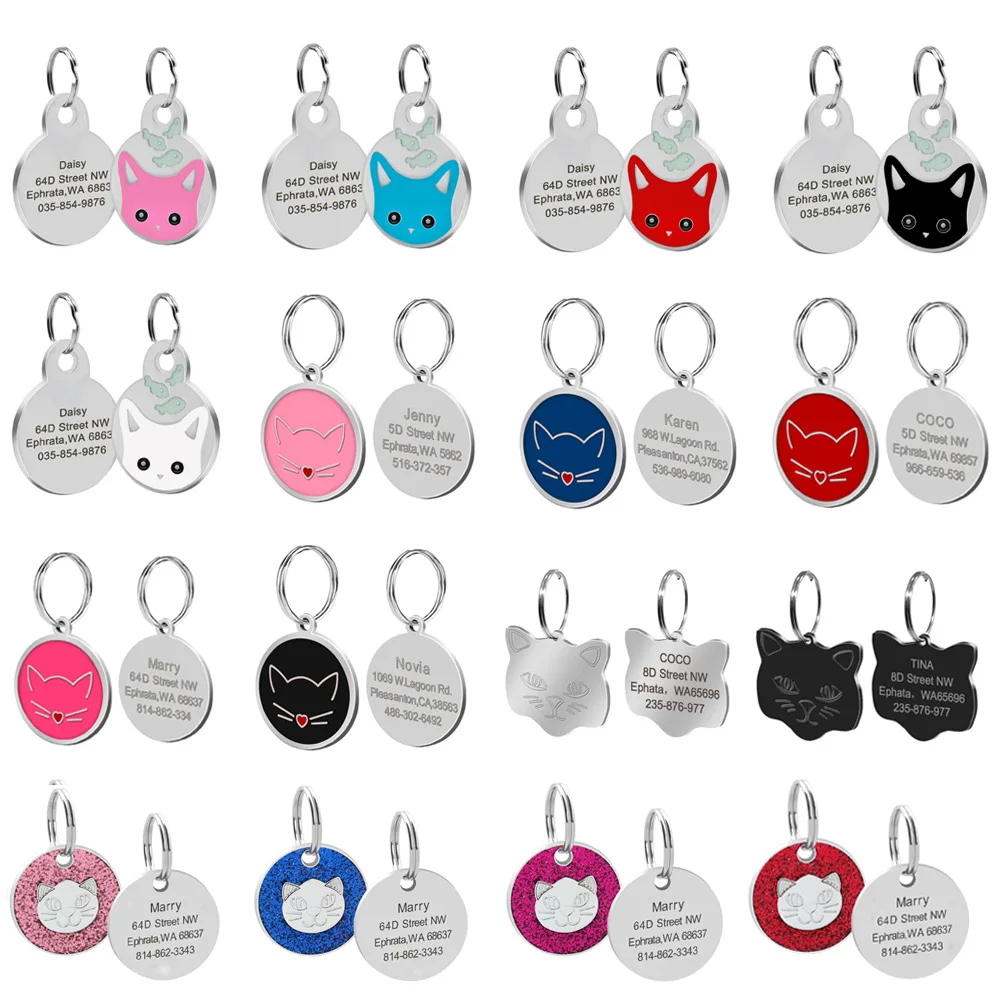 Personalized Cat Tag Custom Cats Kitten ID Tags Free Engraved Cat Collar Pendant Necklace Pet Accessories Round Fish Shape