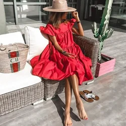Midi Dress Loose Sundress Patchwork Women's Elegant Vestidos de Mujer O-Neck Ruffle Sleeve Dresses Summer Female A Line Ruffled