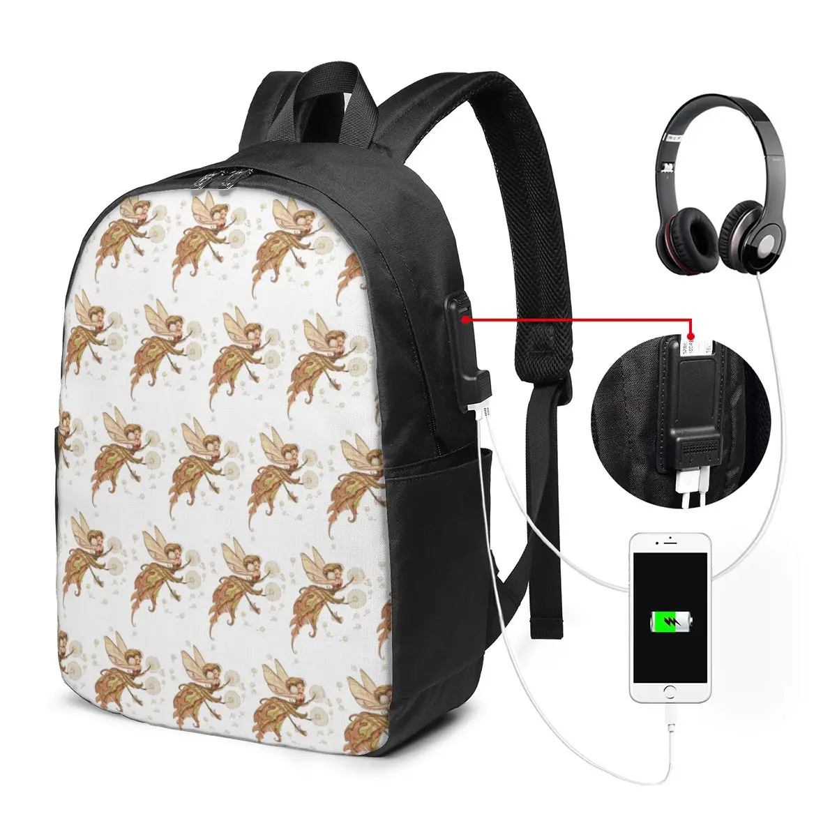 Dandelion Flower Watercolor Elf Girl Backpack Travel Notebook Bag Computer College Student School Bag Laptop Shoulder Bags