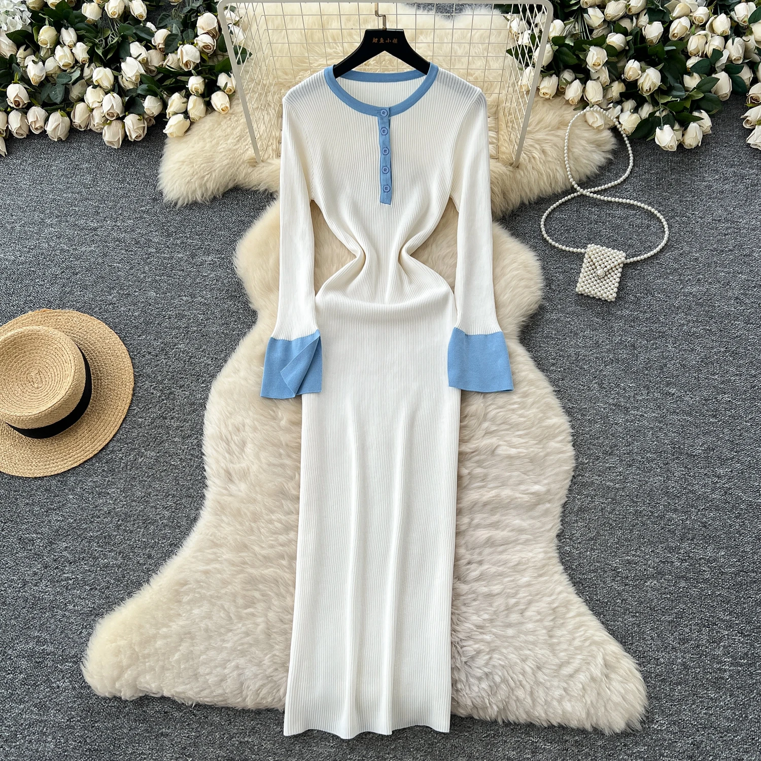 Robe longue en tricot pour femmes, Style français, Vintage, col rond, fente, manches longues, pull, Hit Color Patchwork, Slim, nouvelle collection automne 2026