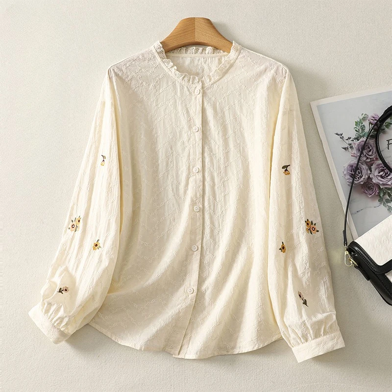 

Chinese Style Women's Blouses Embroidered Vintage Shirts Fashion Loose Summer Clothing Long Sleeved Cotton Linen Women Tops