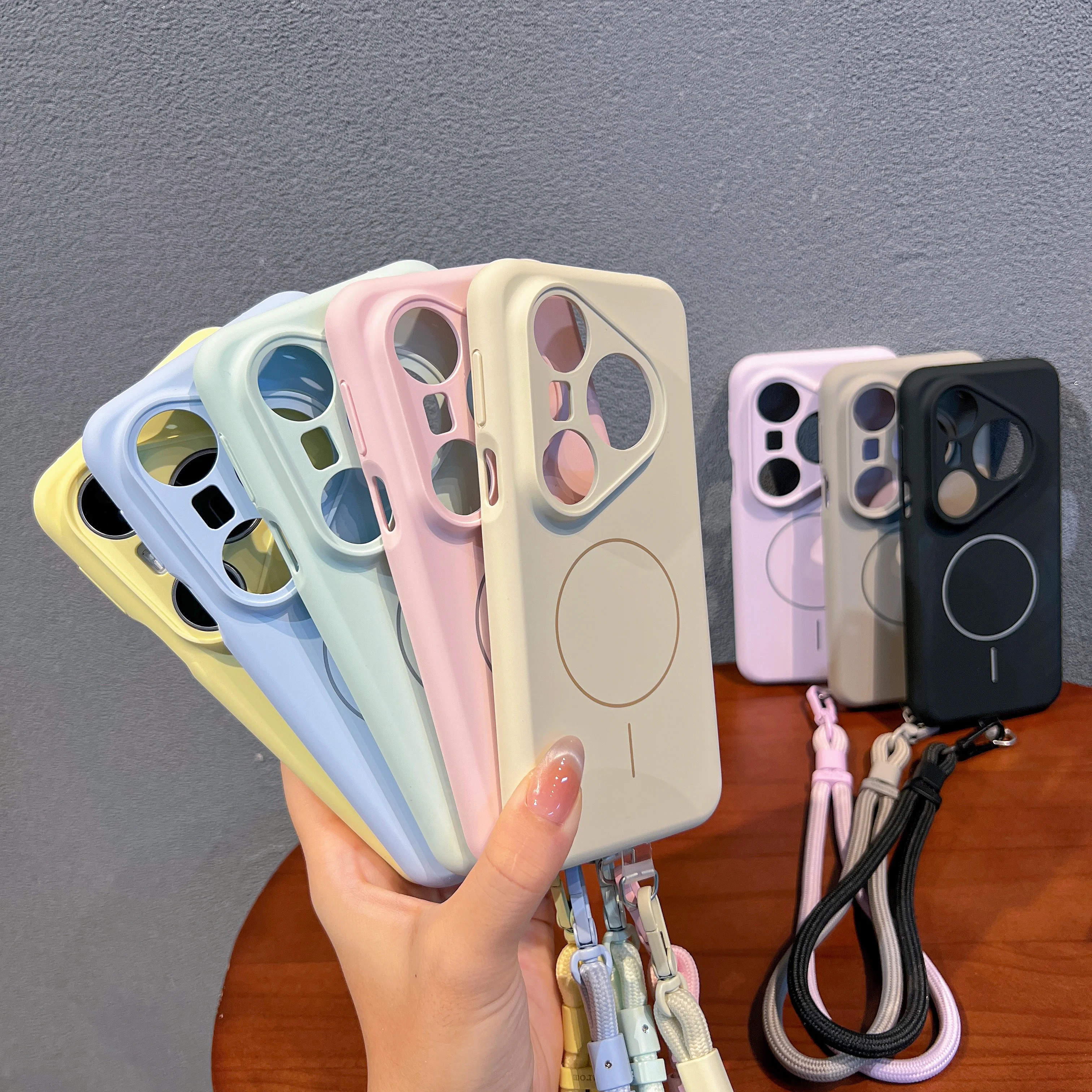 Wireless Charging Magnetic Liquid Silicone Case For Huawei Pura 80 Pro 70 Pro 90 Pro Max Lanyard, Fleece Camera Protection Cover