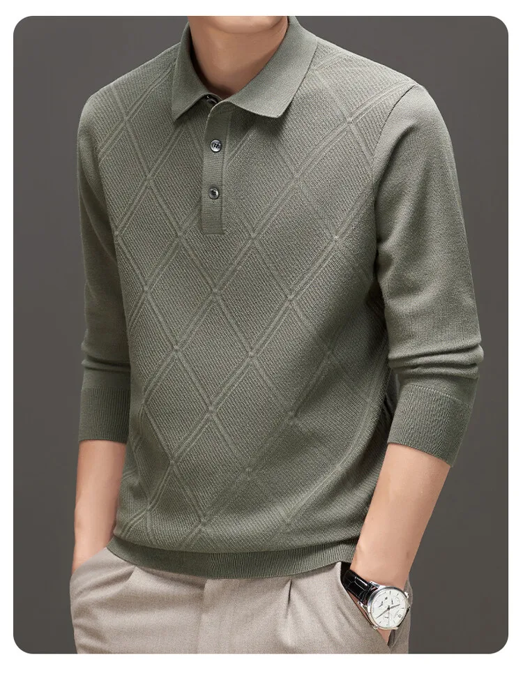 

Solid Color Geometric Pattern POLO Men's Business Casual Daily Commute Warm Wool Sweater, High-quality Men's Woolen Sweater.