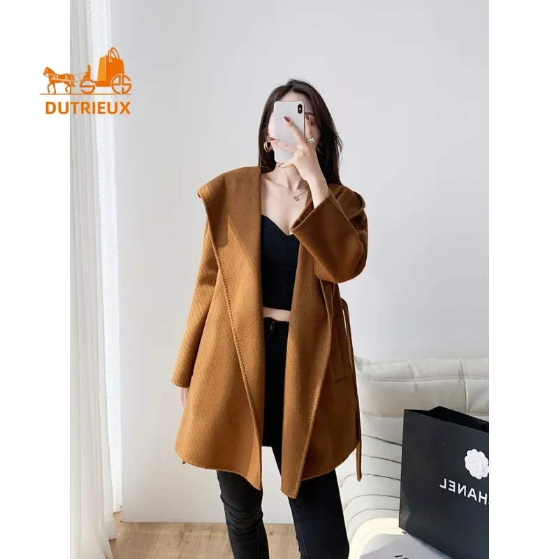 Top quality Max Cashmere Coat Women,Luxury Double-sided Water Ripple 100%Cashmere Hooded Wool Coat Winter Warm Jacket for Women