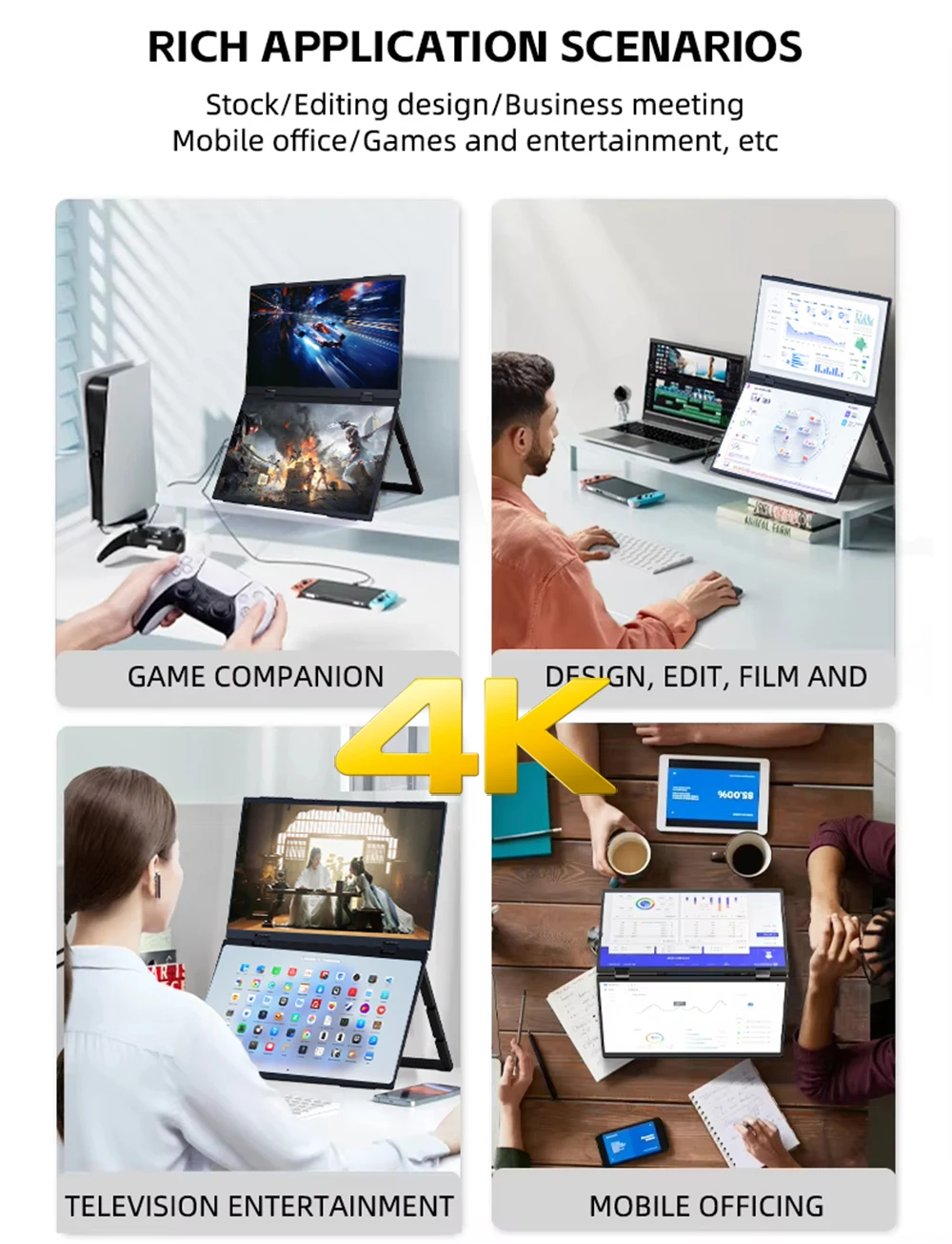 16 Inch 4K Dual Screen Portable  With Type C Interface Ultra Resolution Built in Speakers Foldable Designers