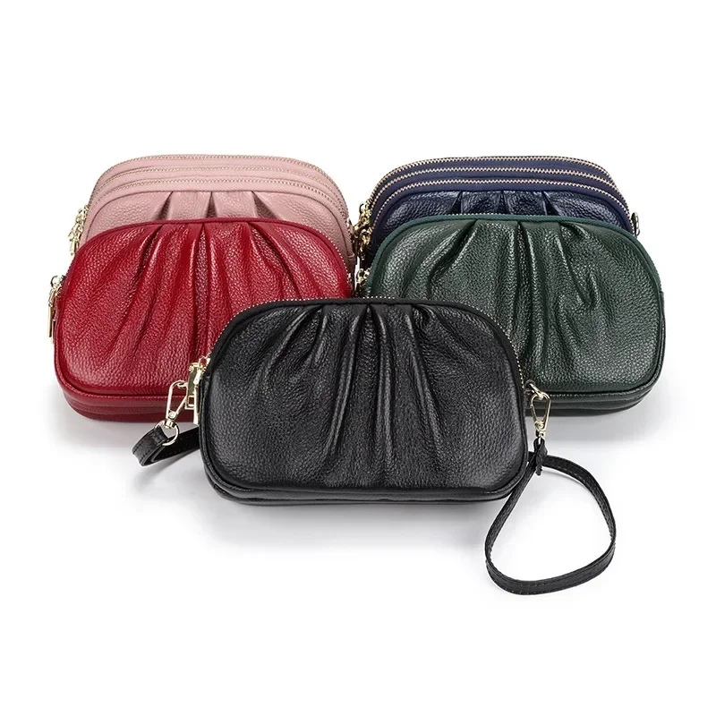 

Women Genuine Cow Leather Clutch for Party Three-Layer Large Capacity Pleated Real Leather Wallet Handbag with Belt 7-5