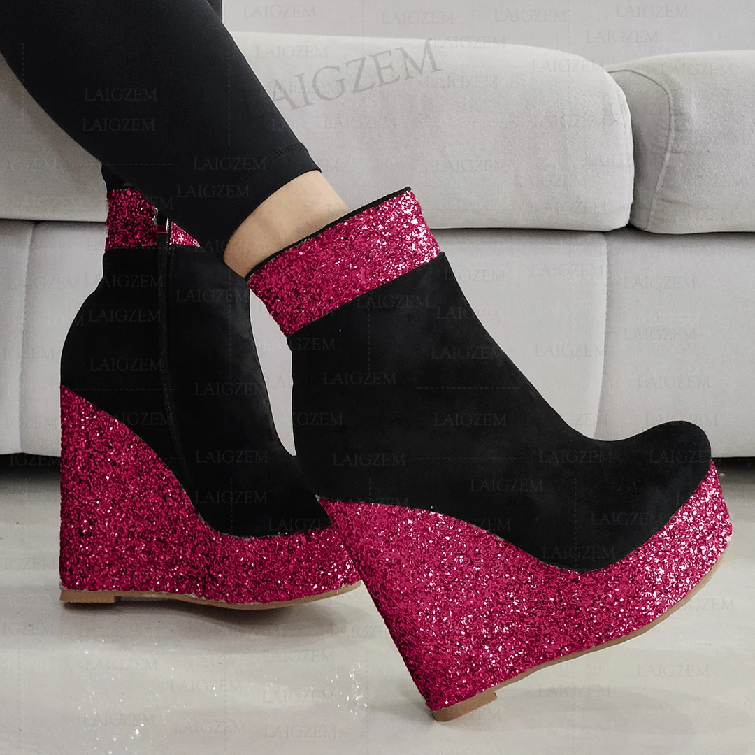 LAIGZEM Women Ankle Boots Platform Wedges Bling Glitter Faux Suede Short Boots Patchwork Ladies Shoes Woman Big Size 41 43 45 52