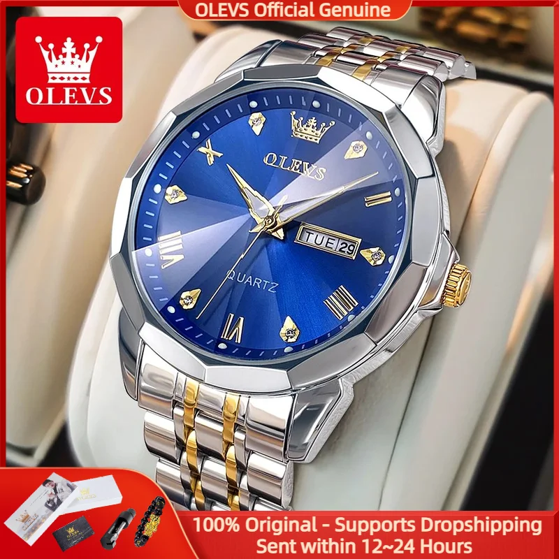 OLEVS 9931 Men Watch Classic Rhombus Mirror Waterproof Watch Original Business Diamond Date Week Stainless Steel Watch Luxury