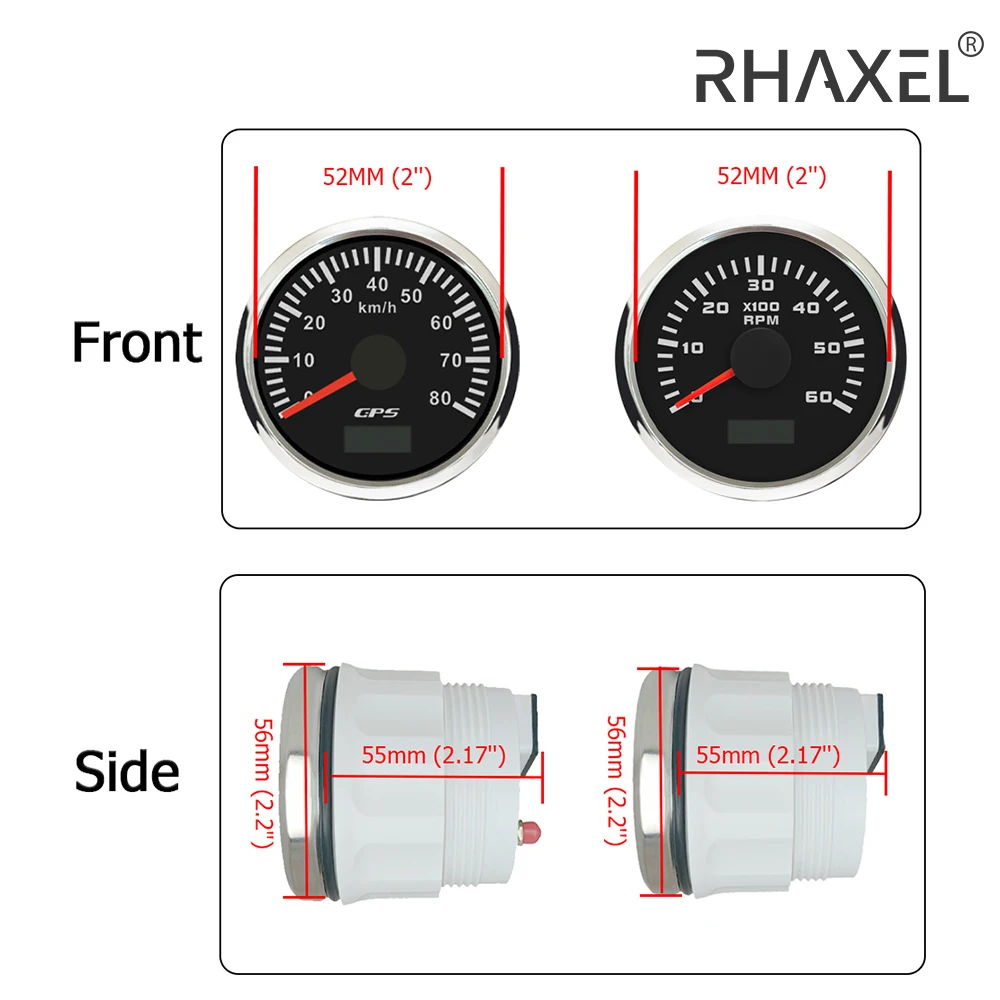 

RHAXEL 52mm 2 Gauge Set Speedometer 120KM/H GPS Odometer Tachometer 6000RPM with Hour Meter 12Volt 24V for Tractor Car