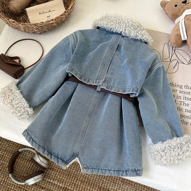 Winter Girls Thick Demin Coats Baby Plus Velvet Warm Outerwear With Belt Kids Princess Designed Long Jackets Children Clothes view 2