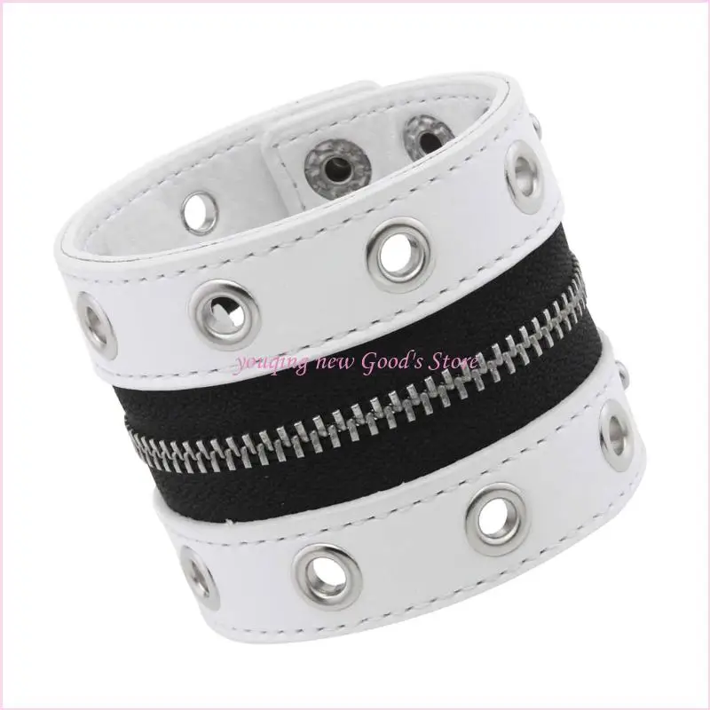 57QA Modern Wide Width Unisex Handmade Bracelet Featuring Edgy Zipper Closures and Punk Styles Metal Studs