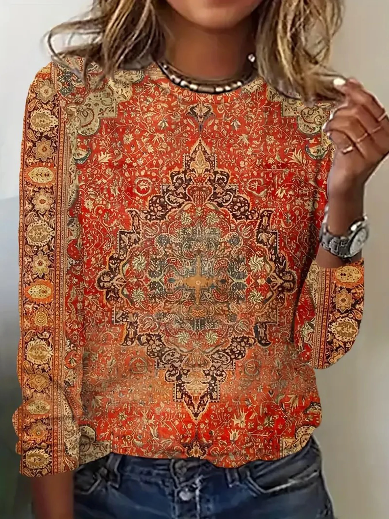 

Women's Bohemian Printed T Shirt Long Sleeve Round Neck Knit Top Vibrant All Over Pattern Tees for Seasonal Fashion