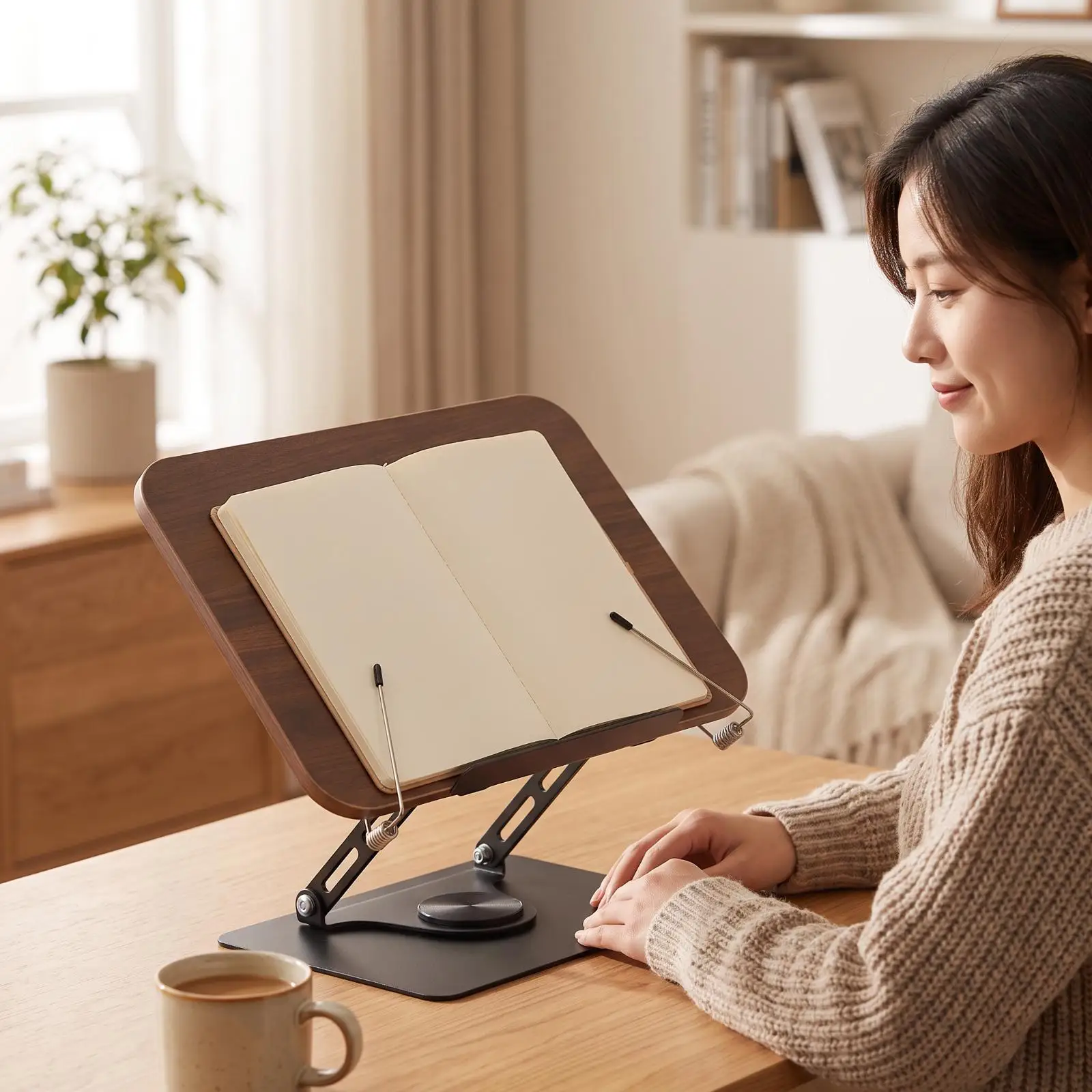 Versatile Tilting Book Stand for Study with Wooden Panel and Sturdy Aluminum Alloy Base for Home