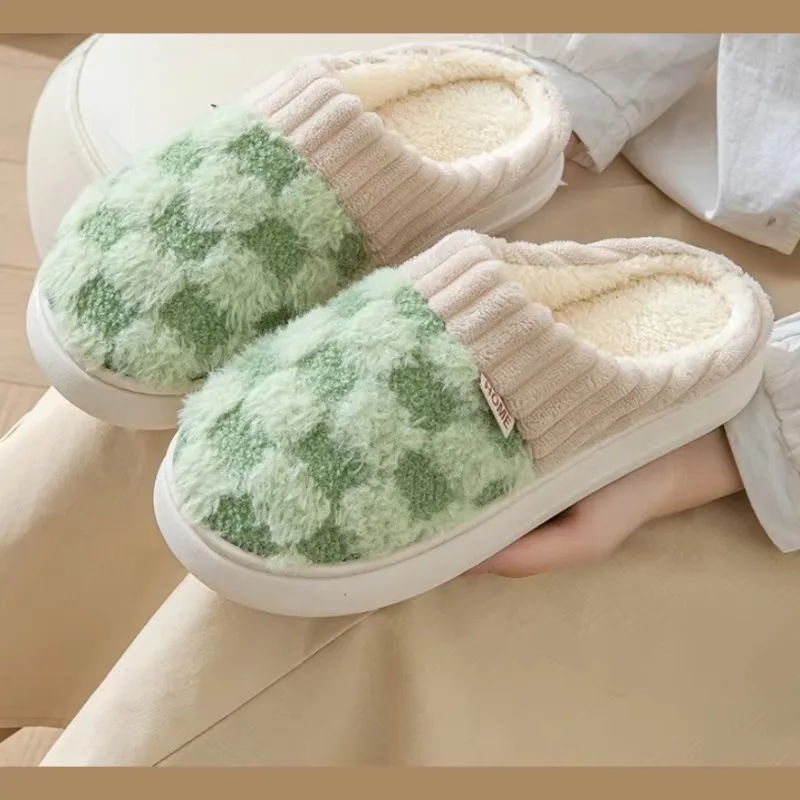 Unisex Winter Color Block Fuzzy House Slides, Thick Plush Warm Non Slip Indoor Couple Home Slippers