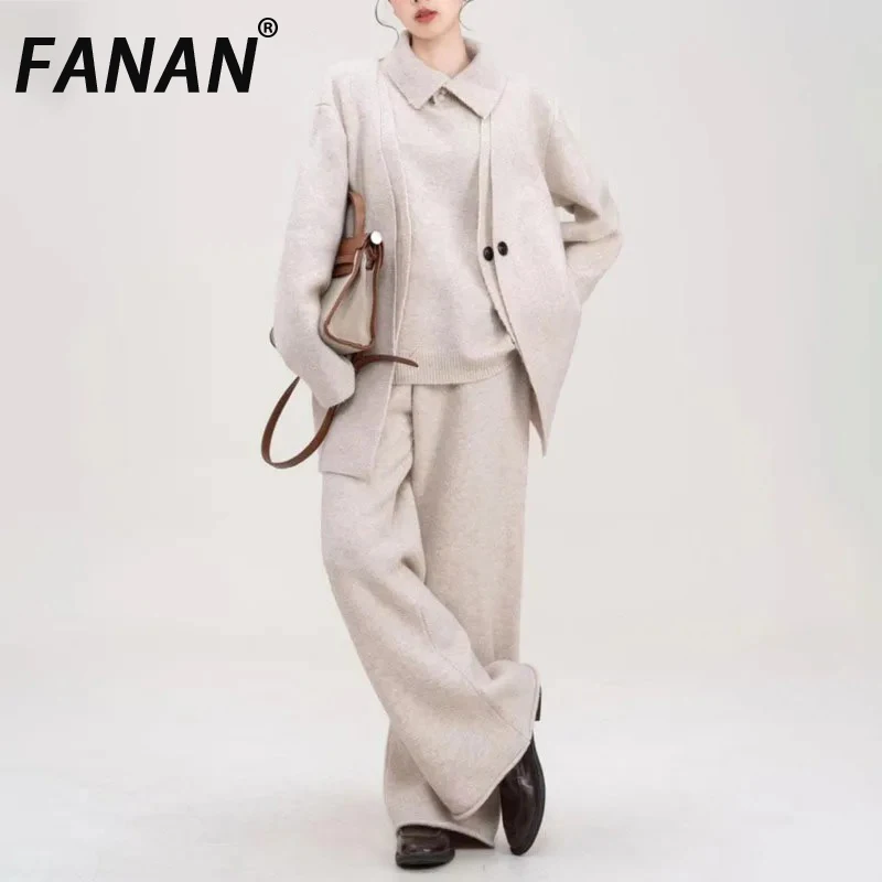 

FANAN Women's Knitted 3 Piece Set Lapel Sleeveless Vest+long Sleeve Loose Coats+high Waist Straight Pants 2025 Autumn New