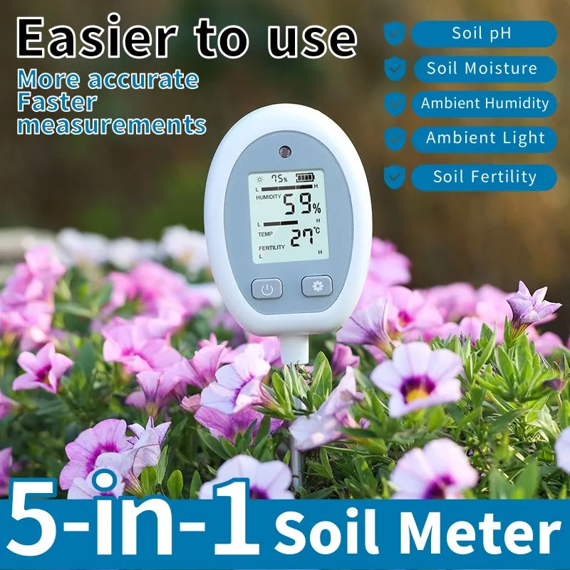 

5 In 1 Soil Meter MOIST/NUTR/PH/LIGHT/Temperature Meter Digital Monitor For House Plants Garden Lawn Farm